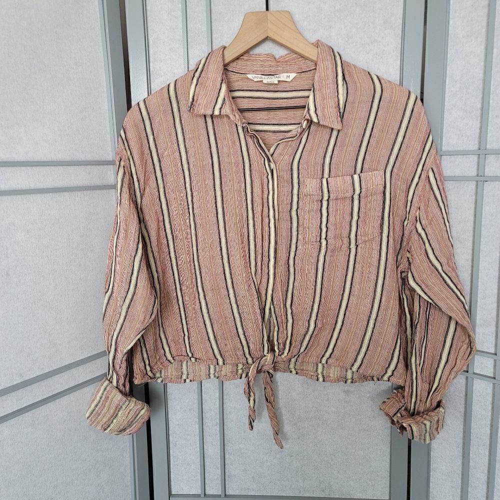 Vanilla Star Women's Button Down Top with Tie Front, Pink Size Medi, 100% Cotton